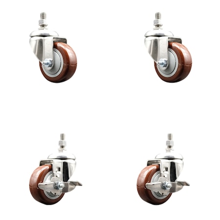 Service Caster 3.5 Inch 316SS Maroon Polyurethane 12mm Threaded Stem Caster Brakes, 2PK SS316TS20S3514-PPUB-MRN-M1215-2-TLB2